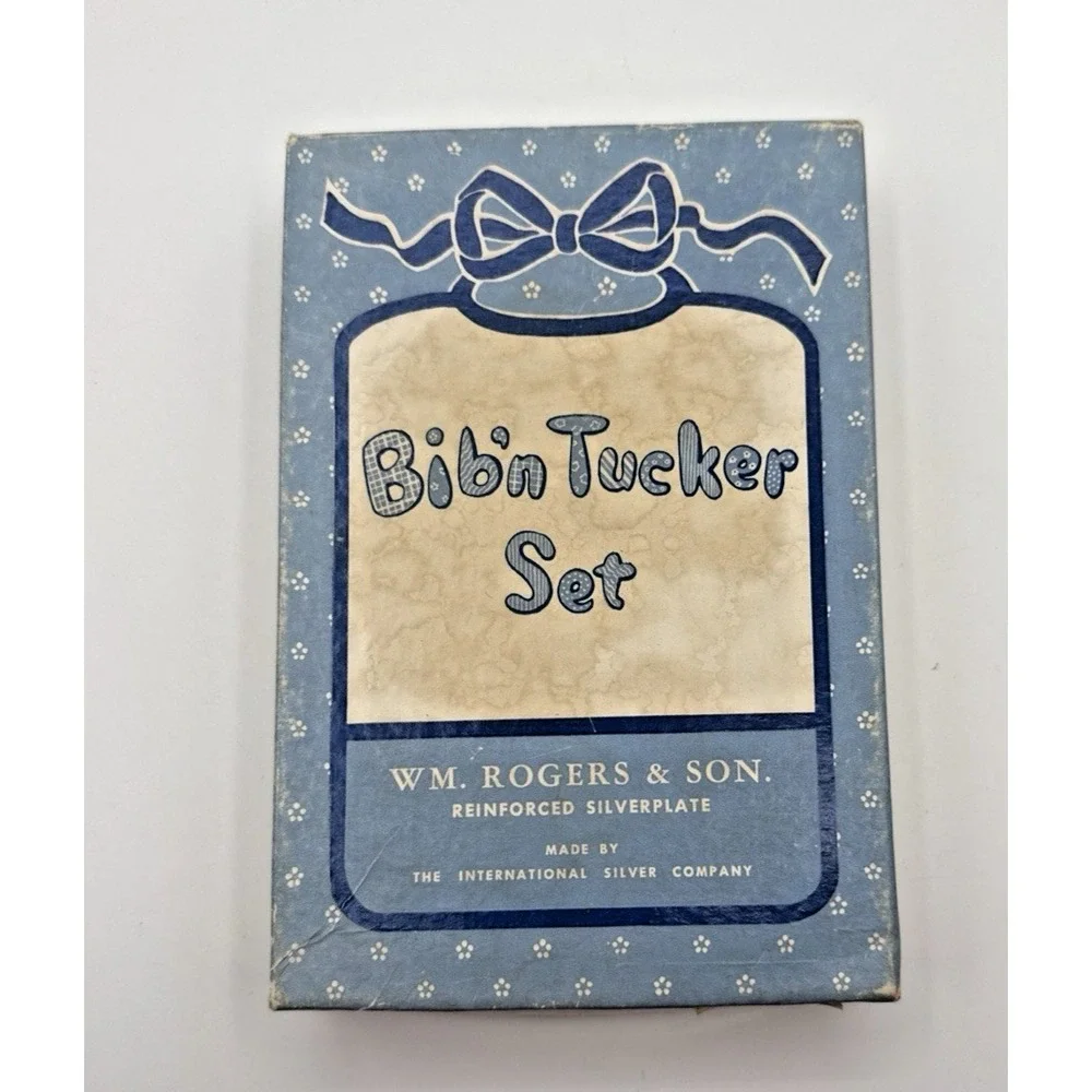 Vtg Rogers‎ & Son Bid'n Tucker Baby Silverware Set bib Fork Spoon Original Box